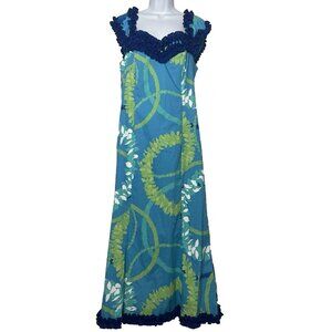 Royal Creations Hawaiian Muumuu Maxi Dress Size XL Ruffled Blue Green Floral Lei